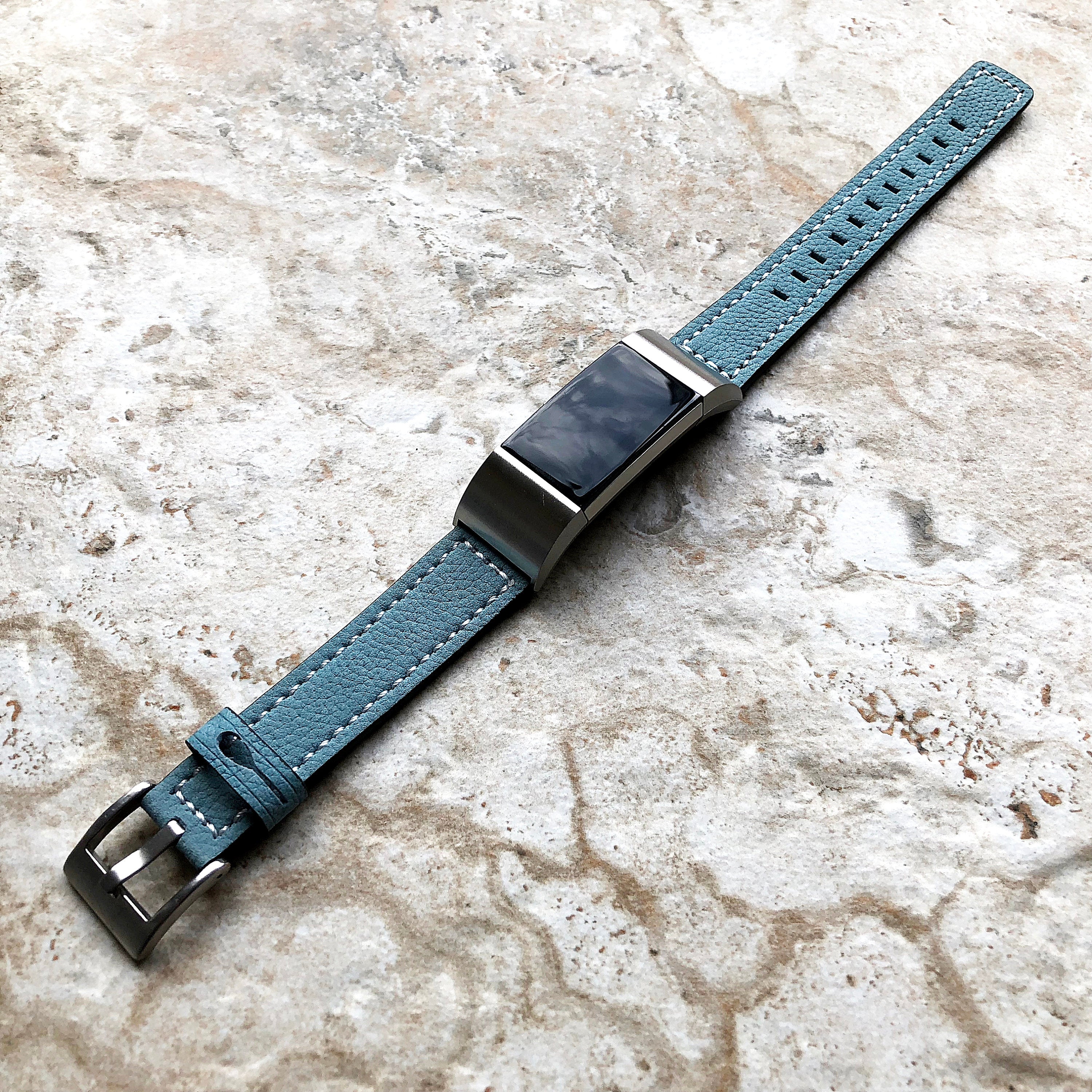 Fitbit Charge 6 5 4 3 Blue Soft Leather Band Strap for Fitness Tracker Replacement Wristband Bracelet with Stitches Adapters Quick Release